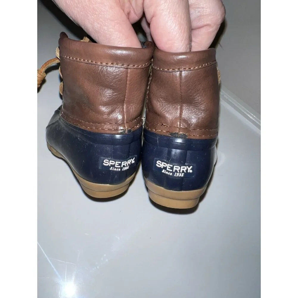 Sperry Saltwater Baby Duck Navy and Brown Lace Zipper Boots Sz  6 Months